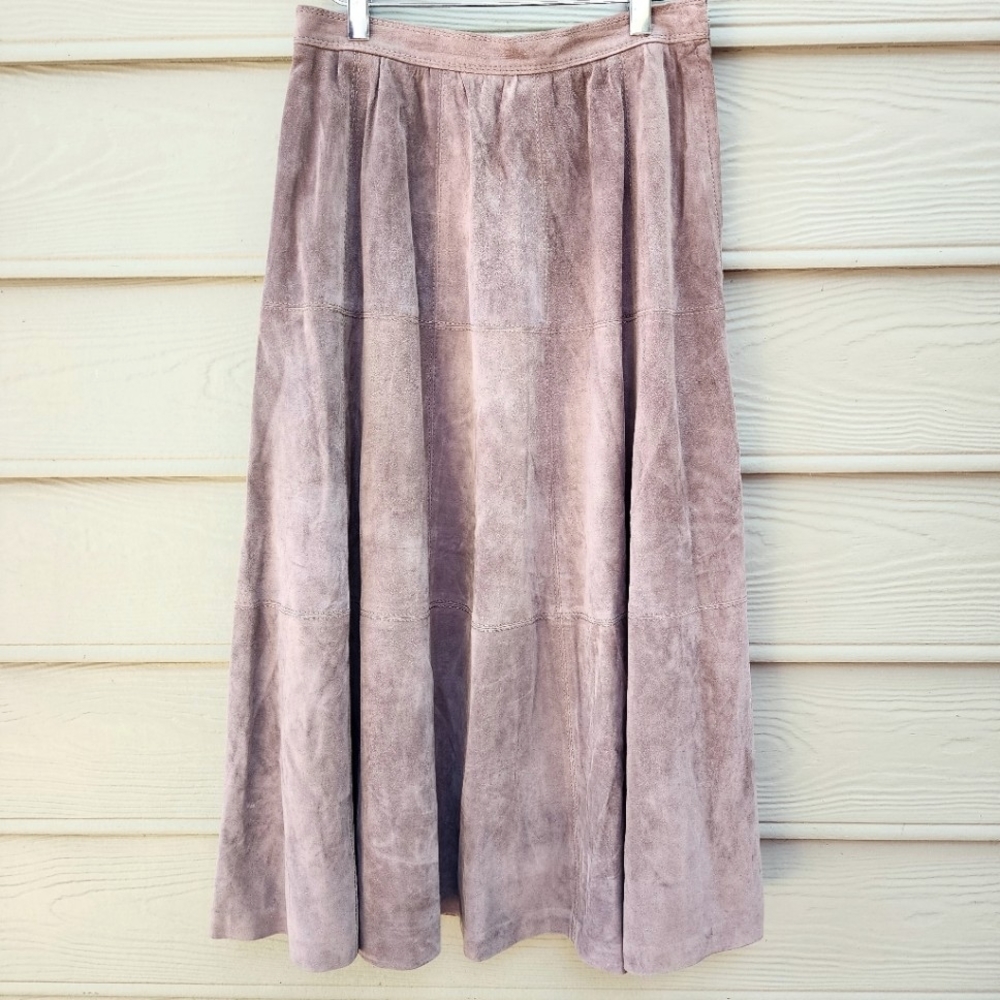 (EUC) VTG Paneled Suede Leather A-Line Midi Skirt